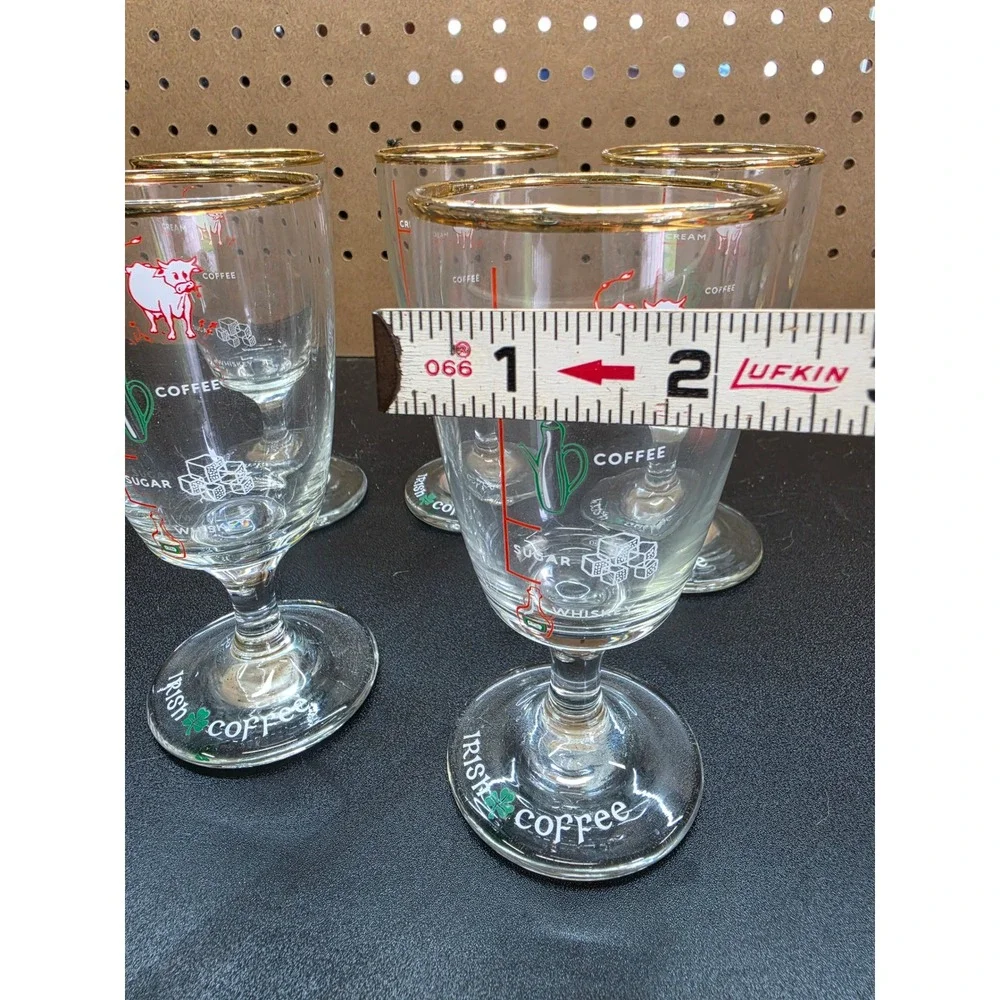 Vintage Irish Coffee Recipe Glasses Set of 5 Gold Rim Footed Goblets Shamrock